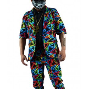 Men's singers jazz dance suit Colorful triangular printed coat pants set Hairdressing host hip hop rapper stage Nightclub clothing